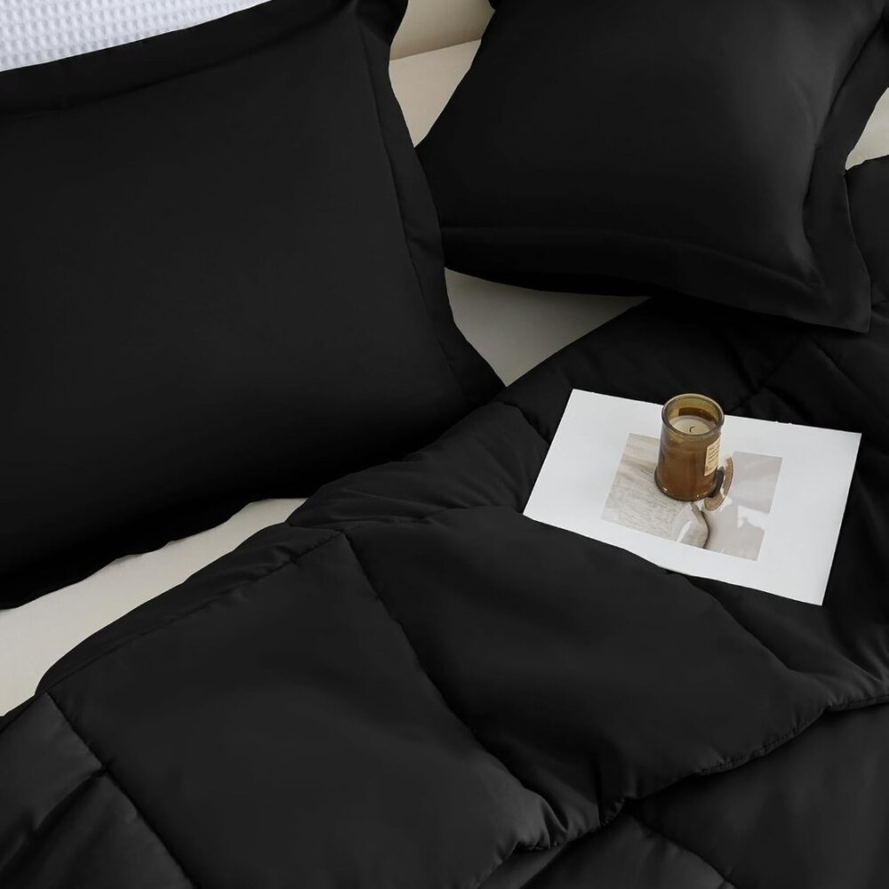 New Black Queen Comforter Set, 3-Piece Box Stitched Bedding, Down Alternative - Picture 12 of 13